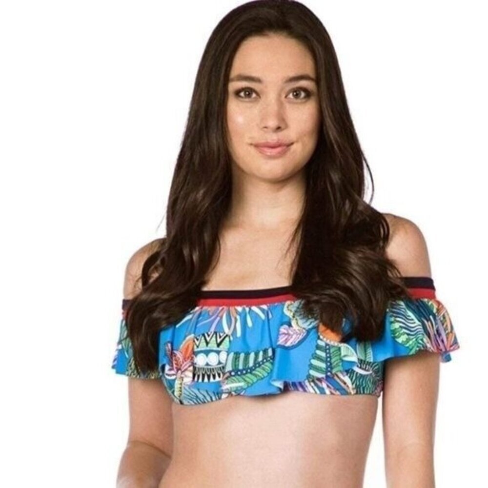 TRINA TURK OFF THE SHOULDER floral fauna RUFFLE boho SWIMSUIT bikini top 4 NWT